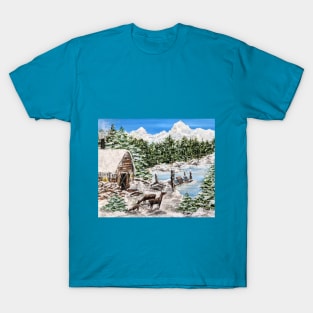 Winter deer by a cabin T-Shirt